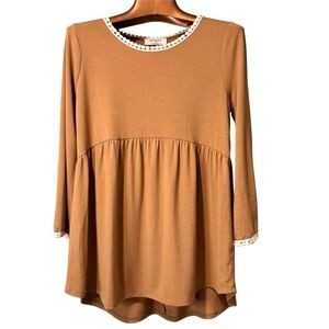 ZENANA 3/4 Sleeve Lace Trim Top in Mocha